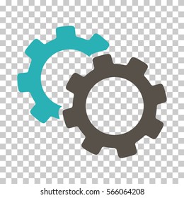 Grey And Cyan Gears toolbar pictogram. Vector pictograph style is a flat bicolor symbol on chess transparent background.