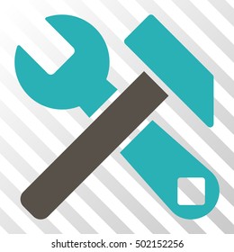 Grey And Cyan Hammer and Wrench interface toolbar icon. Vector pictograph style is a flat bicolor symbol on diagonal hatch transparent background.