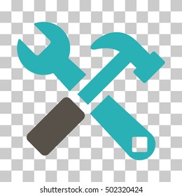 Grey And Cyan Hammer and Wrench interface toolbar pictogram. Vector pictograph style is a flat bicolor symbol on chess transparent background.