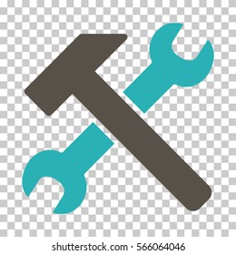 Grey And Cyan Hammer and Wrench interface toolbar icon. Vector pictogram style is a flat bicolor symbol on chess transparent background.