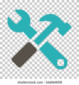 Grey And Cyan Hammer and Wrench interface toolbar pictogram. Vector pictograph style is a flat bicolor symbol on chess transparent background.