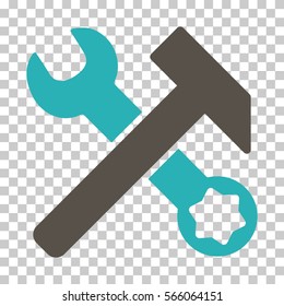 Grey And Cyan Hammer and Wrench interface icon. Vector pictogram style is a flat bicolor symbol on chess transparent background.