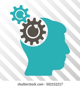 Grey And Cyan Head Cogs Rotation toolbar pictogram. Vector pictogram style is a flat bicolor symbol on diagonal hatch transparent background.
