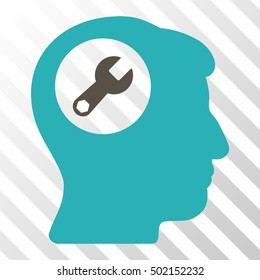 Grey And Cyan Head Wrench interface icon. Vector pictograph style is a flat bicolor symbol on diagonal hatch transparent background.