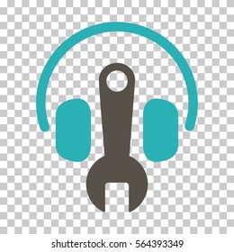 Grey And Cyan Headphones Tuning Wrench interface toolbar pictogram. Vector pictograph style is a flat bicolor symbol on chess transparent background.