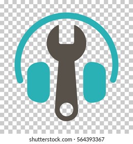 Grey And Cyan Headphones Tuning Wrench toolbar pictogram. Vector pictograph style is a flat bicolor symbol on chess transparent background.