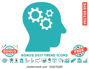 Grey And Cyan Intellect Gears icon with bonus 2017 trend pictograms. Vector illustration style is flat iconic bicolor symbols, white background.