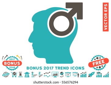 Grey And Cyan Intellect Potency pictograph with bonus 2017 trend images. Vector illustration style is flat iconic bicolor symbols, white background.
