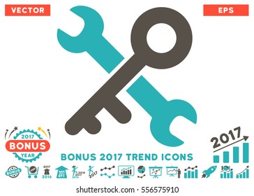 Grey And Cyan Key Tools pictogram with bonus 2017 year trend clip art. Vector illustration style is flat iconic bicolor symbols, white background.