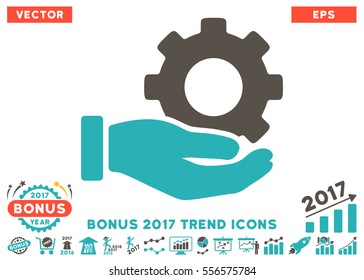 Grey And Cyan Mechanic Gear Service Hand icon with bonus 2017 trend symbols. Vector illustration style is flat iconic bicolor symbols, white background.