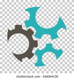 Grey And Cyan Mechanics Gears interface pictogram. Vector pictograph style is a flat bicolor symbol on chess transparent background.