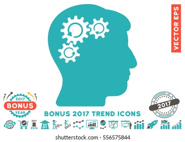 Grey And Cyan Mind Gear Rotation pictogram with bonus 2017 trend design elements. Vector illustration style is flat iconic bicolor symbols, white background.