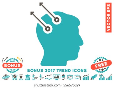 Grey And Cyan Neural Interface Plugs icon with bonus 2017 trend icon set. Vector illustration style is flat iconic bicolor symbols, white background.