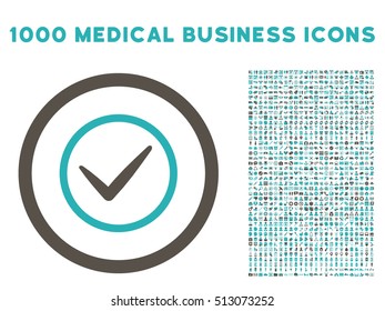 Grey And Cyan Ok vector bicolor rounded icon. Image style is a flat icon symbol inside a circle, white background. Bonus set contains 1000 medicine business elements.