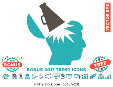 Grey And Cyan Open Brain Megaphone pictogram with bonus 2017 year trend icon set. Vector illustration style is flat iconic bicolor symbols, white background.