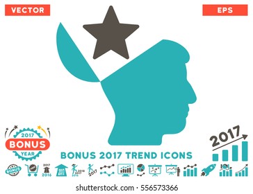 Grey And Cyan Open Head Star icon with bonus 2017 year trend symbols. Vector illustration style is flat iconic bicolor symbols, white background.