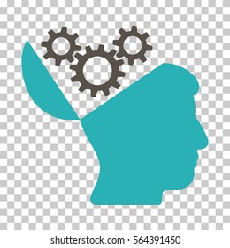 Grey And Cyan Open Mind Gears toolbar icon. Vector pictogram style is a flat bicolor symbol on chess transparent background.