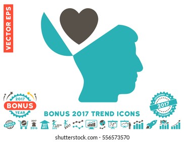 Grey And Cyan Open Mind Love Heart icon with bonus 2017 trend symbols. Vector illustration style is flat iconic bicolor symbols, white background.