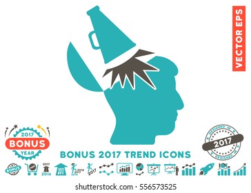 Grey And Cyan Open Mind Megaphone pictogram with bonus 2017 trend icon set. Vector illustration style is flat iconic bicolor symbols, white background.