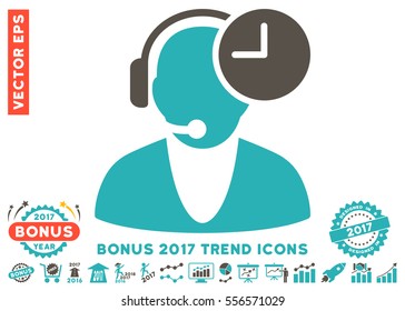 Grey And Cyan Operator Time icon with bonus 2017 year trend symbols. Vector illustration style is flat iconic bicolor symbols, white background.