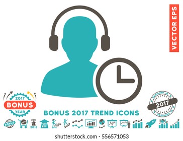 Grey And Cyan Operator Time icon with bonus 2017 trend clip art. Vector illustration style is flat iconic bicolor symbols, white background.