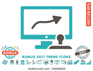 Grey And Cyan Path Control Monitor pictograph with bonus 2017 trend pictograms. Vector illustration style is flat iconic bicolor symbols, white background.