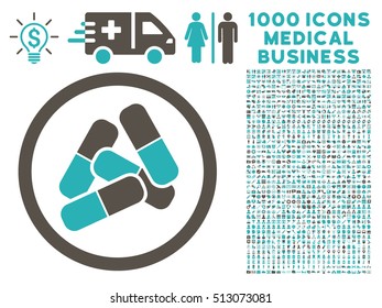 Grey And Cyan Pills vector bicolor rounded icon. Image style is a flat icon symbol inside a circle, white background. Bonus set includes 1000 medicine business symbols.