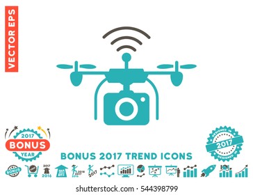 Grey And Cyan Radio Camera Drone pictograph with bonus 2017 trend icon set. Vector illustration style is flat iconic bicolor symbols, white background.