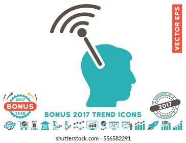 Grey And Cyan Radio Neural Interface icon with bonus 2017 trend symbols. Vector illustration style is flat iconic bicolor symbols, white background.