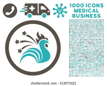 Grey And Cyan Rooster vector bicolor rounded icon. Image style is a flat icon symbol inside a circle, white background. Bonus set includes 1000 health care business pictographs.