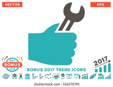 Grey And Cyan Service Hand pictograph with bonus 2017 year trend icon set. Vector illustration style is flat iconic bicolor symbols, white background.