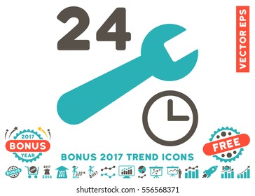 Grey And Cyan Service Hours pictograph with bonus 2017 year trend symbols. Vector illustration style is flat iconic bicolor symbols, white background.