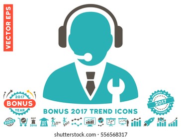 Grey And Cyan Service Manager pictogram with bonus 2017 year trend images. Vector illustration style is flat iconic bicolor symbols, white background.