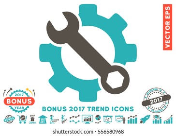Grey And Cyan Service Tools icon with bonus 2017 trend pictograph collection. Vector illustration style is flat iconic bicolor symbols, white background.