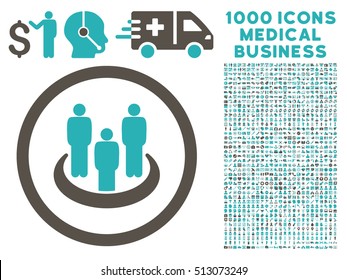 Grey And Cyan Social Group vector bicolor rounded icon. Image style is a flat icon symbol inside a circle, white background. Bonus set includes 1000 healthcare business symbols.