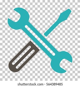Grey And Cyan Spanner and Screwdriver interface toolbar icon. Vector pictograph style is a flat bicolor symbol on chess transparent background.