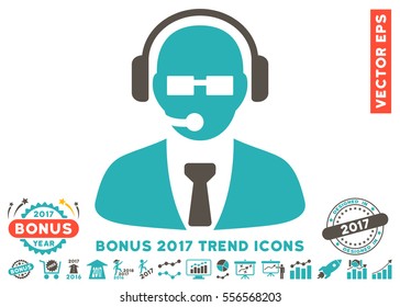 Grey And Cyan Support Manager pictogram with bonus 2017 year trend images. Vector illustration style is flat iconic bicolor symbols, white background.