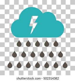 Grey And Cyan Thunderstorm Rain Cloud interface toolbar pictogram. Vector pictogram style is a flat bicolor symbol on chess transparent background.
