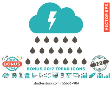Grey And Cyan Thunderstorm Rain Cloud pictogram with bonus 2017 trend icon set. Vector illustration style is flat iconic bicolor symbols, white background.