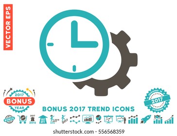 Grey And Cyan Time Setup Gear pictograph with bonus 2017 year trend pictograms. Vector illustration style is flat iconic bicolor symbols, white background.
