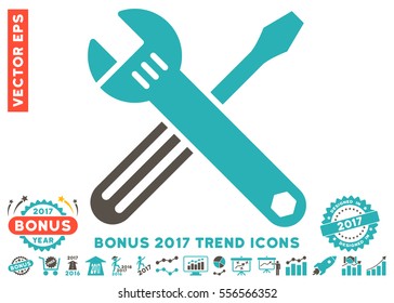 Grey And Cyan Tools pictogram with bonus 2017 trend pictograms. Vector illustration style is flat iconic bicolor symbols, white background.