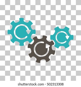 Grey And Cyan Transmission Gears Rotation interface toolbar pictogram. Vector pictogram style is a flat bicolor symbol on chess transparent background.