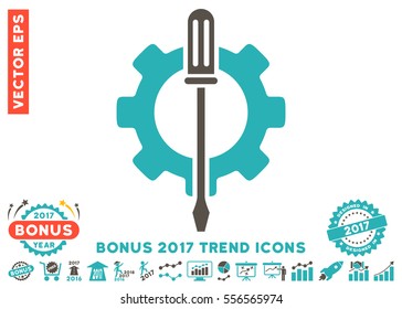 Grey And Cyan Tuning Options Gear pictogram with bonus 2017 year trend clip art. Vector illustration style is flat iconic bicolor symbols, white background.