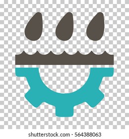 Grey And Cyan Water Gear Drops toolbar icon. Vector pictograph style is a flat bicolor symbol on chess transparent background.