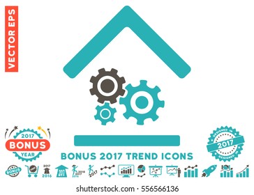 Grey And Cyan Workshop icon with bonus 2017 year trend symbols. Vector illustration style is flat iconic bicolor symbols, white background.
