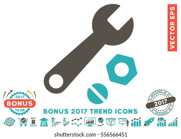 Grey And Cyan Wrench And Nuts icon with bonus 2017 trend images. Vector illustration style is flat iconic bicolor symbols, white background.