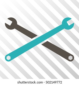 Grey And Cyan Wrenches toolbar icon. Vector pictograph style is a flat bicolor symbol on diagonal hatch transparent background.