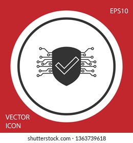 Grey Cyber security icon isolated on red background. Shield with check mark sign. Safety concept. Digital data protection. White circle button. Vector Illustration