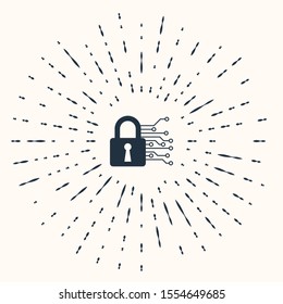 Grey Cyber security icon isolated on beige background. Closed padlock on digital circuit board. Safety concept. Digital data protection. Abstract circle random dots. Vector Illustration