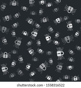 Grey Cyber security icon isolated seamless pattern on black background. Closed padlock on digital circuit board. Safety concept. Digital data protection.  Vector Illustration